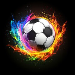 Fototapeta premium Black and white soccer ball with colorful fires around it, black background