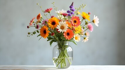 Colorful Gerbera Daisies in Glass Vase Floral Still Life on Wood Table, Fresh Cut Flowers, Botanical Arrangement
