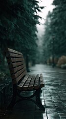 Empty Wooden Park Bench on a Rainy Day in a Tree Lined Pathway