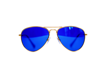 Cobalt aviator sunglasses with gold frames on white, eye protection.