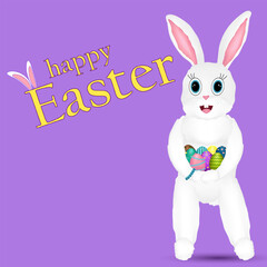 Greeting card with 3D elements featuring White Easter Bunny smiling and holding ornate painted Easter eggs in his paws on a Purple background. Happy Easter inscription. Perfect for holiday banner.