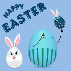 Greeting card with 3D elements anthropomorphic happy family egg and Easter bunny egg. Happy father tossing up his son with Easter bunny ears on a blue background. Happy Easter inscription.