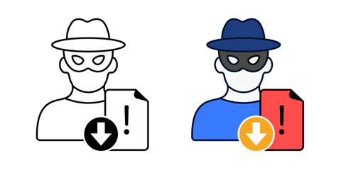 Hacker file drop icon – colored and outline styles showing masked figure with warning download file.