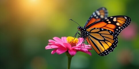 Fototapeta premium Monarch butterfly perched on flower, side view, monarch, side view