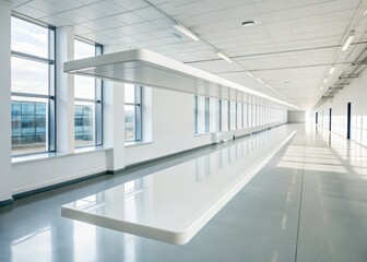 Empty, glossy white shelf seemingly floats, minimalist and bright, with soft shadows in a clean space.
