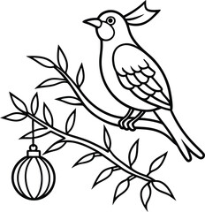 Obraz premium Cardinal bird perched on a branch with a Christmas ornament