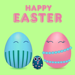 Greeting card with 3D elements featuring an anthropomorphic happy family of colorful Easter eggs - dad, mom, and toddler. Happy Easter inscription. Perfect for holiday banner and greeting.