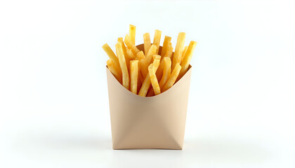 A brown paper bag filled with french fries on a white background.
