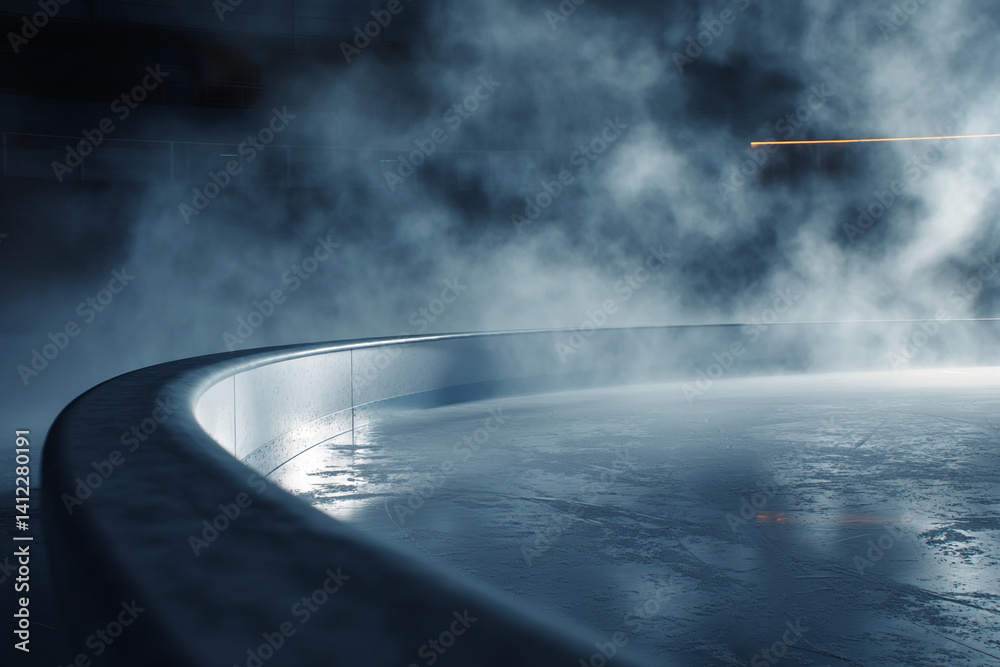 Poster curved metallic wall encloses icy surface, shrouded in atmospheric fog, creating a mysterious and mo