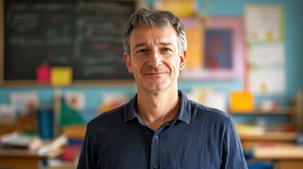Fototapeta premium A middle-aged European male teacher stands confidently in a classroom, smiling warmly. The vibrant learning environment showcases his passion for education and student engagement.