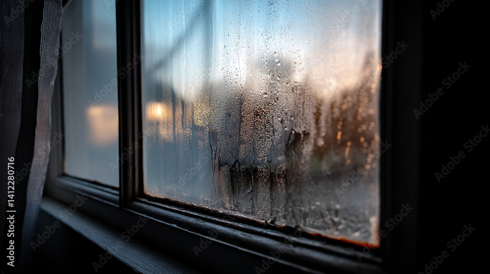 Poster Close-up of a windowpane covered in condensation, blurring the sunset view.  Water droplets create a textured surface, symbolizing cold weather or a change of season.