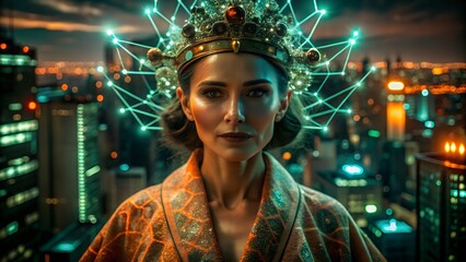 Cyber Matriarch with Blossom Glow Neural Network Crown  