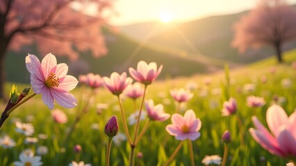 Fototapeta premium Pink Cosmos Flowers Blooming in a Meadow at Sunrise