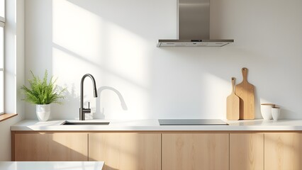 Bright Kitchen Interior with Light Wood Cabinets, Stainless Steel Appliances and Sunshine Casting Shadows 