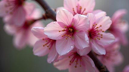 Obraz premium Close-up of delicate peach blossoms with dewdrops in spring, macro shot of vibrant pink flowers