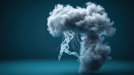 Abstract jellyfish, smoke cloud, dark teal studio backdrop. Possible use digital art, science, or fantasy concept