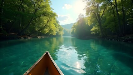 Obraz premium Canoeing on Emerald Waters: A Serene Forest Escape, Capturing Nature's Beauty and Peaceful Tranquility