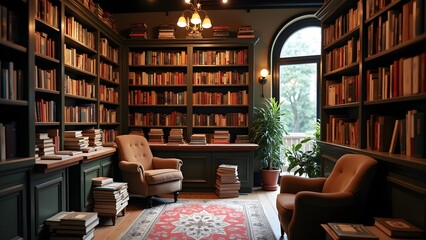 Classic Home Library with Bookshelves and Comfortable Armchairs, a Haven for Reading and Knowledge