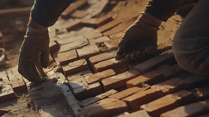 Masonry worker laying red bricks to construct a durable exterior wall. Featuring traditional craftsmanship
