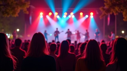 Enthusiastic Crowd Enjoying Live Music Concert Performance Under Vibrant Stage Lights at Night