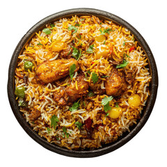 Overhead view of chicken biryani in a black bowl against a black background shot