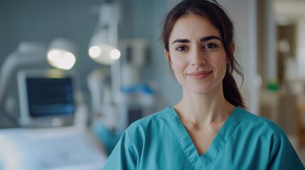 Fototapeta premium A young European female nurse stands confidently in a hospital, showcasing her professionalism and care for patients. Perfect for healthcare themes.