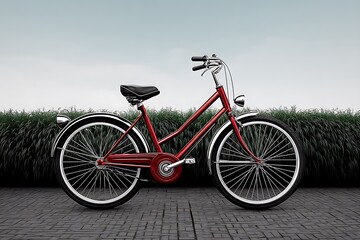 Classic Red Bicycle with Parked Outdoors, and Tranquil Scene.
