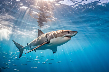 Fototapeta premium Marine Life Scene Featuring Group of Swimming Sharks