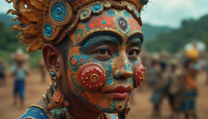 Obraz premium A captivating close-up of a festival participant adorned with vibrant face paint and traditional accessories during the Phi Ta Khon Festival in Thailand.
