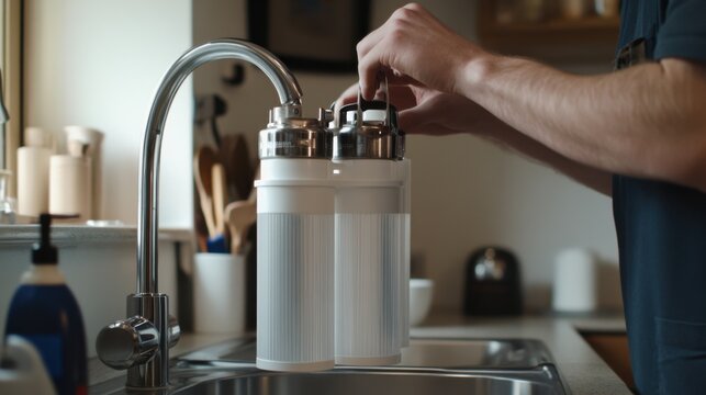 Plumber installing a water filtration system under a kitchen sink. Featuring water quality and plumbing expertise
