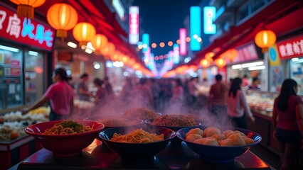 Fototapeta premium Vibrant Asian street food market with noodles, dumplings, lanterns, and bustling crowds.