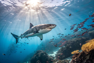 Obraz premium Marine Life Scene Featuring Group of Swimming Sharks
