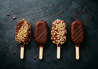 Chocolate-coated ice cream bars with crushed nuts and drizzle on dark background, arranged in neat row