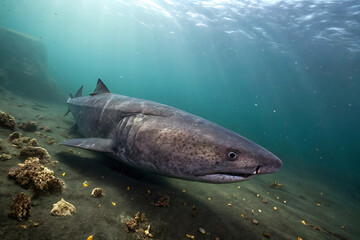 Fototapeta premium Marine Life Scene Featuring Group of Swimming Sharks