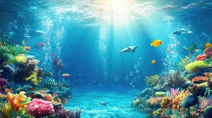 Beautiful blue ocean background with sunlight and undersea scene