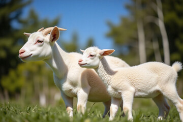 Obraz premium mother goat and two baby goats standing next to each other