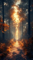 Fototapeta premium Golden Forest Path Phone Wallpaper Autumn Leaves & Sunlit Trees in Serene HD Vertical Background