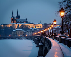 Obraz premium Enchanting Winter Panorama, Illuminated Bridge Leading to a Majestic Castle Under a Twilight Sky, Covered in Snow, Creating a Serene and Picturesque Urban Landscape