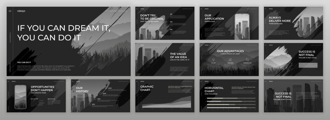 Creative Powerpoint presentation templates set. Modern Keynote presentation background, brochure cover design, landing page, annual report, company profile, pitch deck, brand guideline.