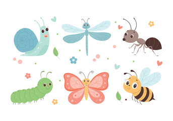 Cute cartoon set of insects: butterfly, bee, ant, snail, caterpillar, and dragonfly. Funny smiling bugs with flowers and leaves on white background. Perfect for kids and education.
