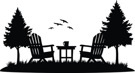 Adirondack Chairs Silhouette with Table, Coniferous Trees, Flying Birds on White