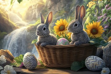 Two adorable bunnies nestled in a basket of colorful eggs, surrounded by springtime foliage.