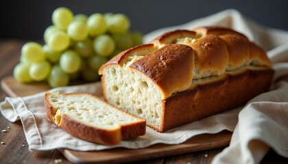 Naklejka premium Freshly baked bread loaf with a sliced piece and green grapes on a wooden board