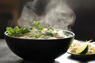Pho (Vietnam) A steaming bowl of pho featuring clear beef broth, rice noodles, tender slices of beef, and fresh herbs like basil, cilantro, and scallions. 