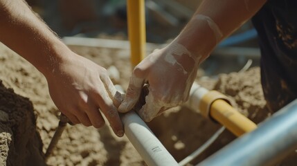 Plumber installing pipes at a building site. Featuring precision and efficiency