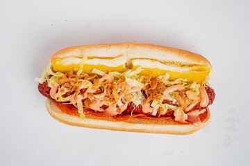 Enjoying a delightful hot dog with crunchy toppings on a warm afternoon, bursting with flavor