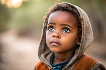 Portrait of young child staring directly into camera with intense and curious expression, showcasing focused and inquisitive look