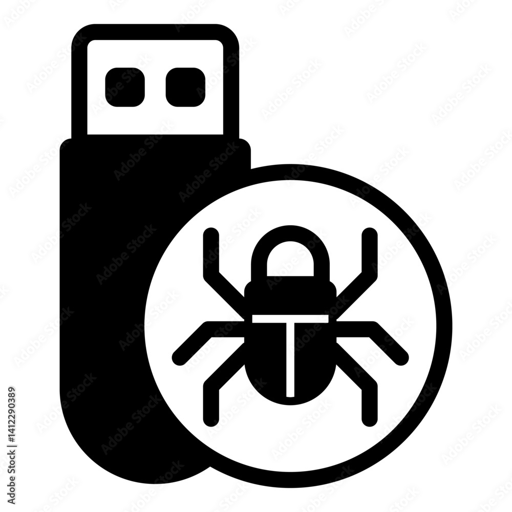 Fototapete flash drive with virus solid icon, hacker attacks concept. vector graphics. hacker exploit, bug on p