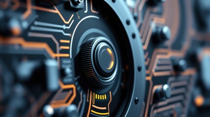 Fototapeta premium Futuristic Tech Control Panel Close-up of a rotating knob on a circuit board; background shows more complex circuitry; ideal for tech websites