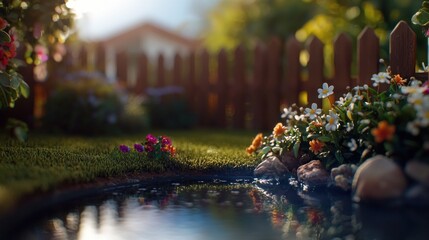 Sunny garden pond with flowers and wooden fence, house in background